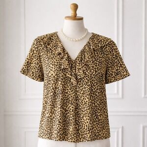 VTG RLR Lauren Ralph Lauren Womens 2x‎ Leopard Knit Top Ruffle V Neck Blouse EUC